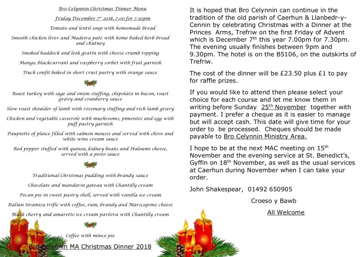 Bro Celynnin Christmas Dinner Menu 2018 2